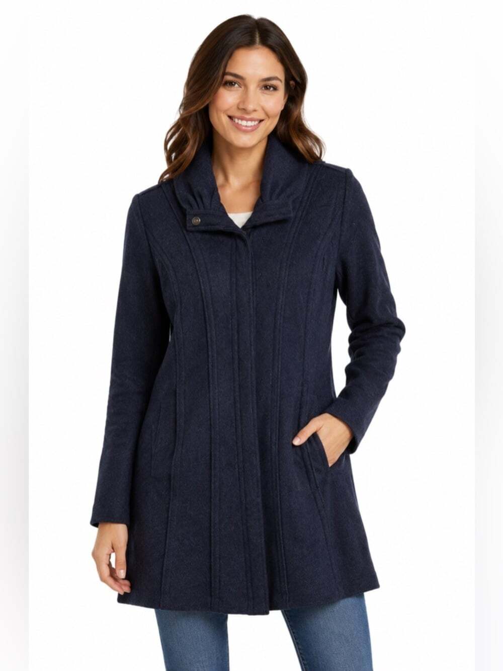 YEST Wool Blend Jacket Womens Size 10 Blue Snap Closure Long Winter Cozy